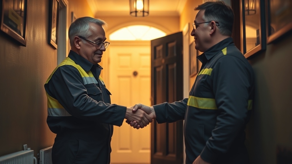 Engineer shaking hands with a Fleet Street homeowner after locating their leak
